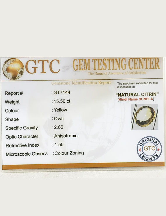 17.22 ratti (15.50 ct) Natural Certified Sunela (Citrine)