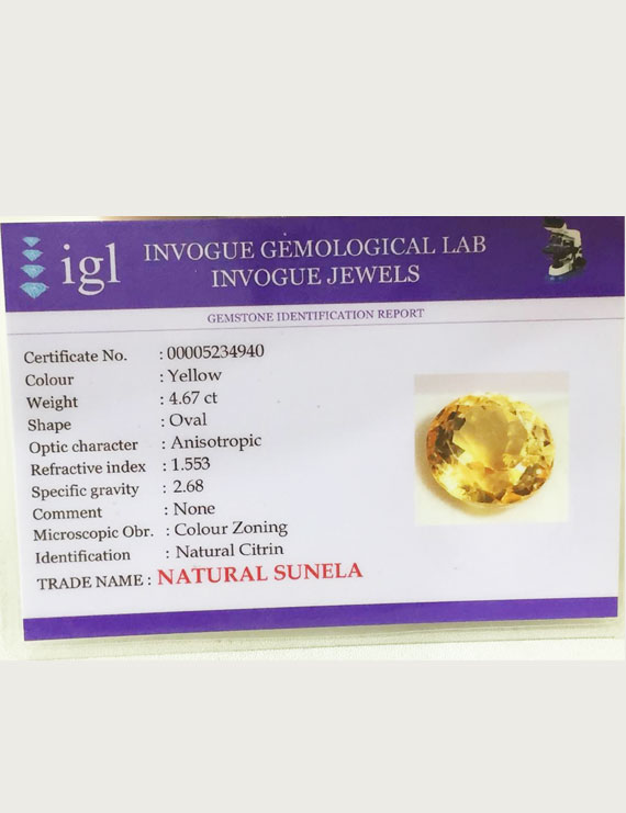 5.25 ratti (4.67 ct) Natural Certified Sunela (Citrine)
