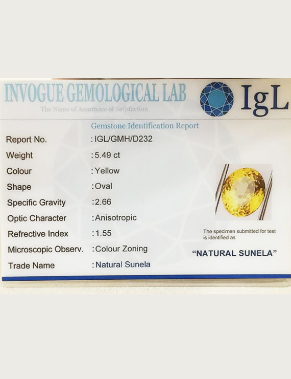 6.25 ratti (5.49 ct) Natural Certified Sunela (Citrine)