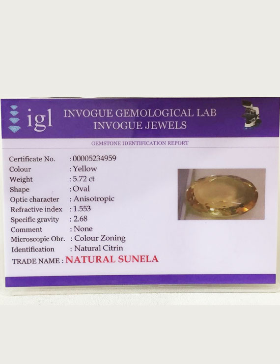 6.25 ratti (5.72 ct) Natural Certified Sunela (Citrine)