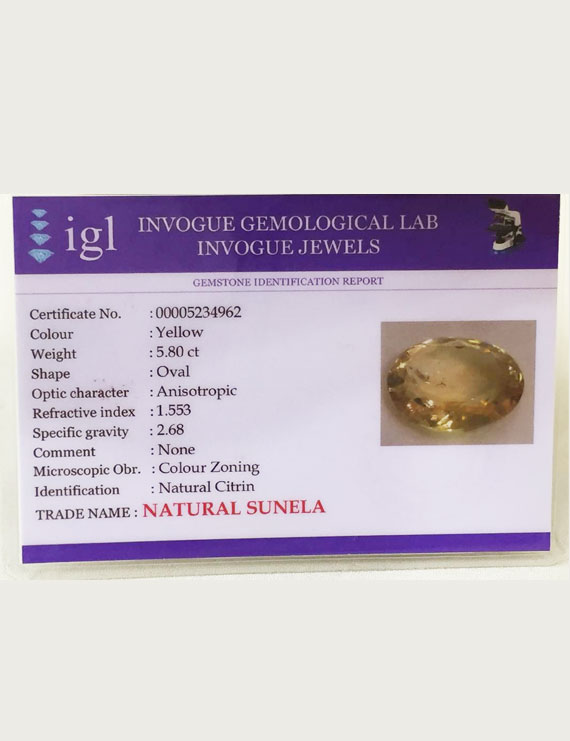6.50 ratti (5.80 ct) Natural Certified Sunela (Citrine)