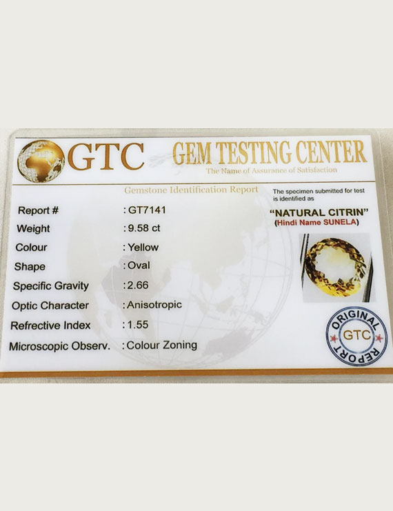 10.60 ratti (9.58 ct) Natural Certified Sunela (Citrine)