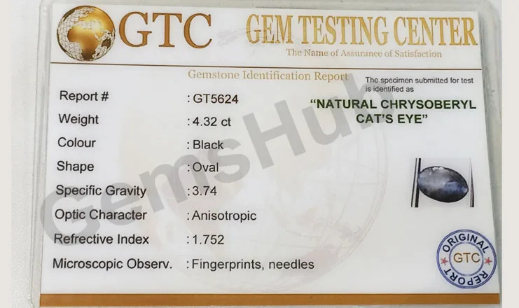 4.80 Ratti (4.32 Ct) Natural Black Chrysoberyl Cat's Eye (Lehsunia) | Certified Gemstone