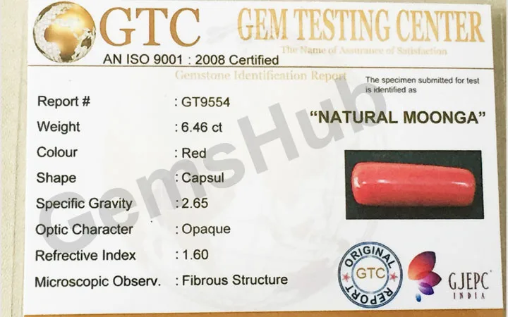 7.25 Ratti (6.46 Ct) Natural Certified Moonga Coral