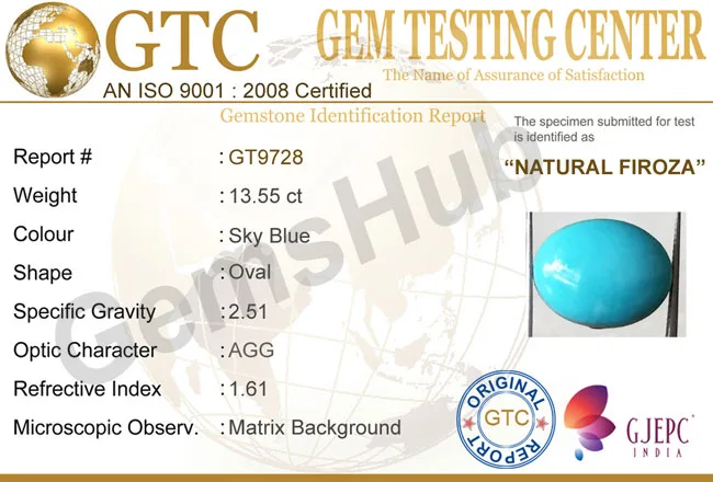 13.55 Ct Natural Turquoise (Firoza) Stone – Certified, Genuine & Astrologically Recommended | Gemshub
