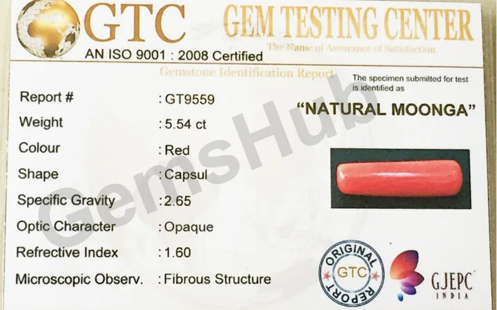 6.25 Ratti (5.54 ct) Natural Certified Moonga/Coral